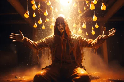 Eerie Hooded Figure With Glowing Mask In Dark Chamber