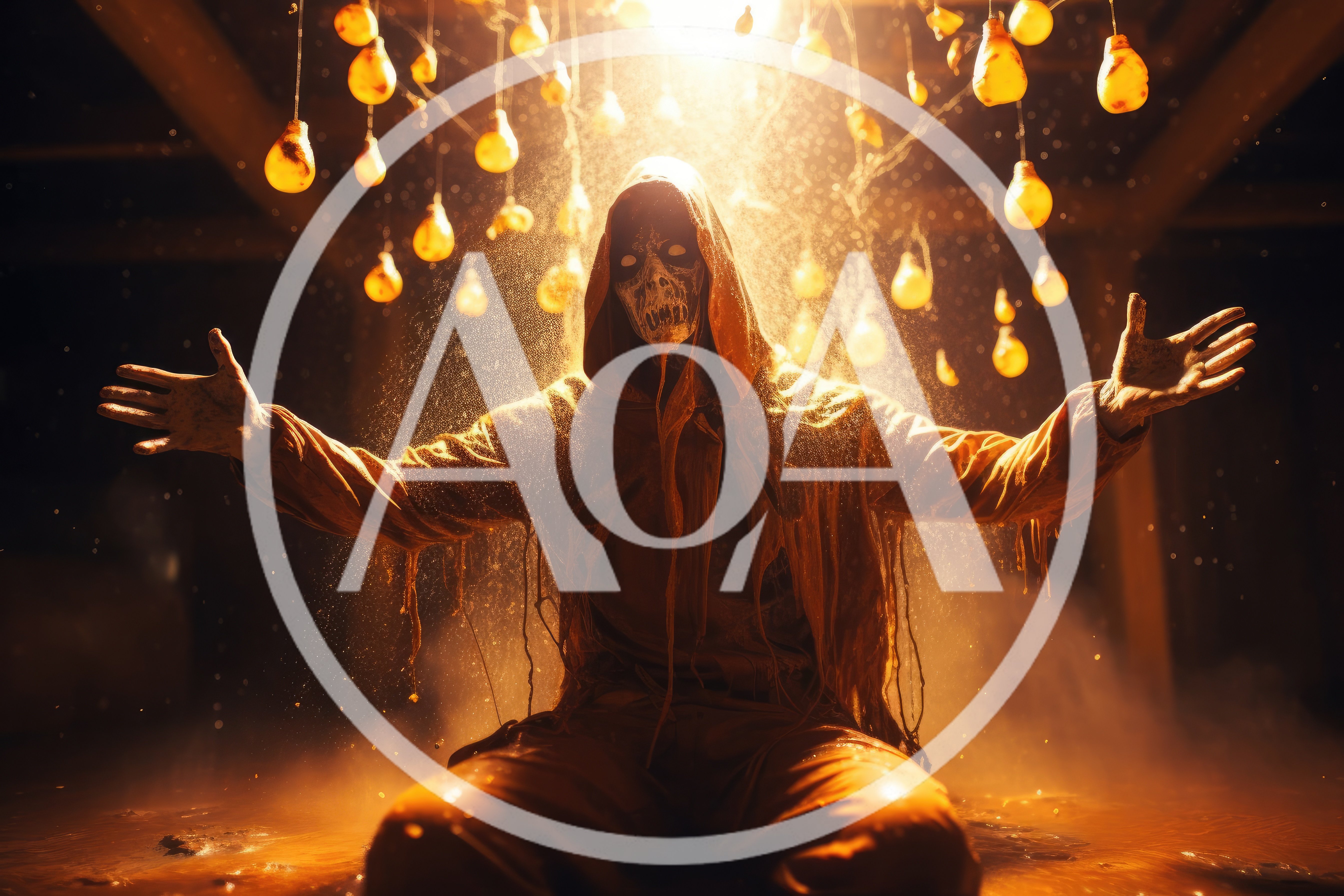 Eerie Hooded Figure With Glowing Mask In Dark Chamber