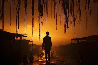 Silhouette Of A Person Walking Through Flooded Slums