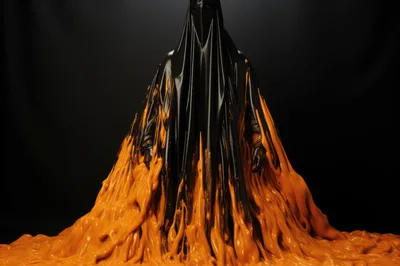 Abstract Figure Draped In Black Fabric And Melting Orange Liquid