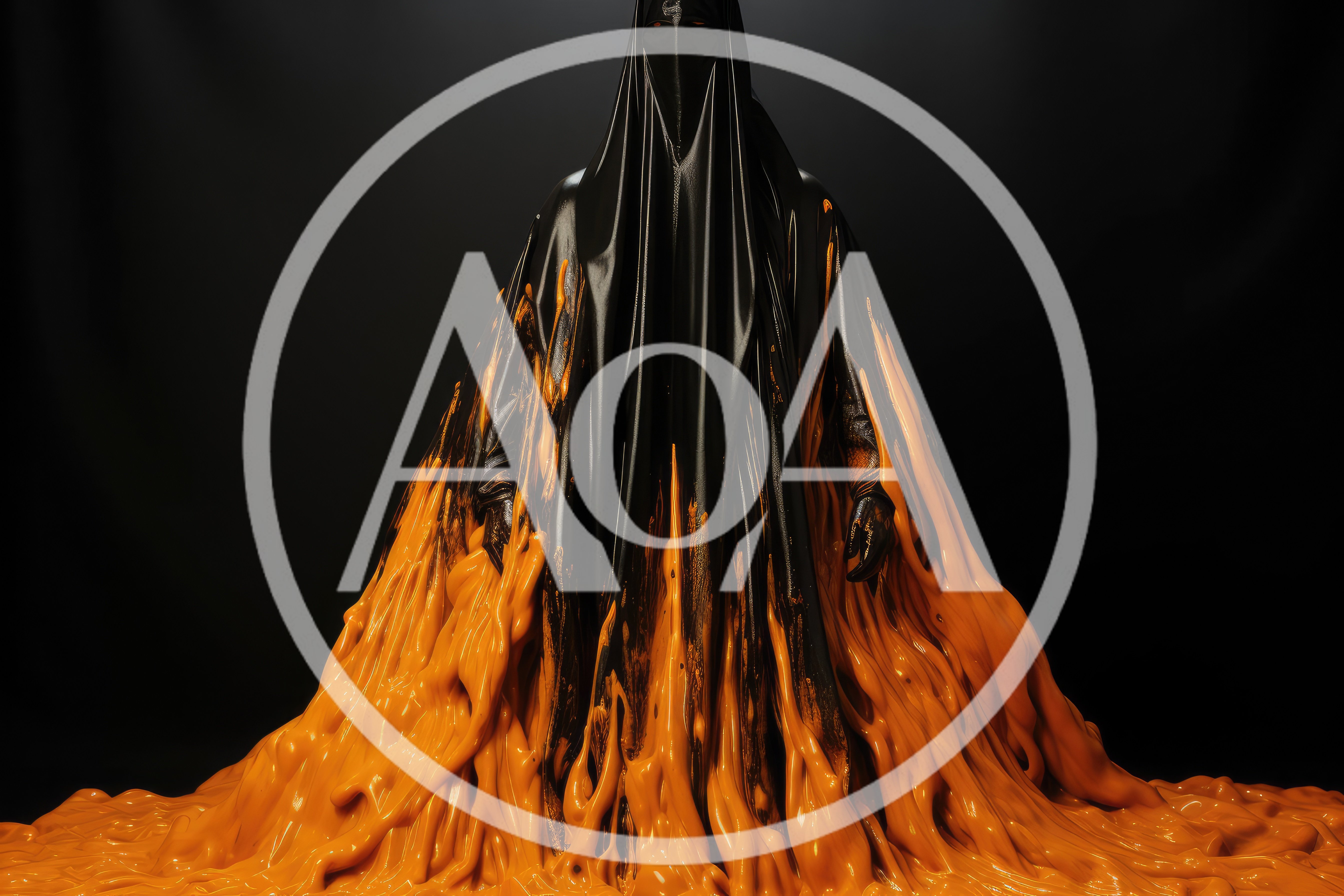 Abstract Figure Draped In Black Fabric And Melting Orange Liquid