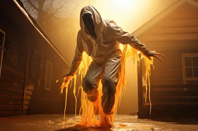 Eerie Figure In Hazmat Suit Covered In Glowing Slime