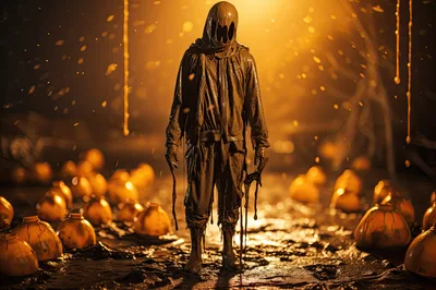 Eerie Mud Covered Figure Standing In Glowing Dark Landscape