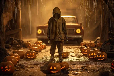 Hooded Figure Standing Among Glowing Jack O Lanterns