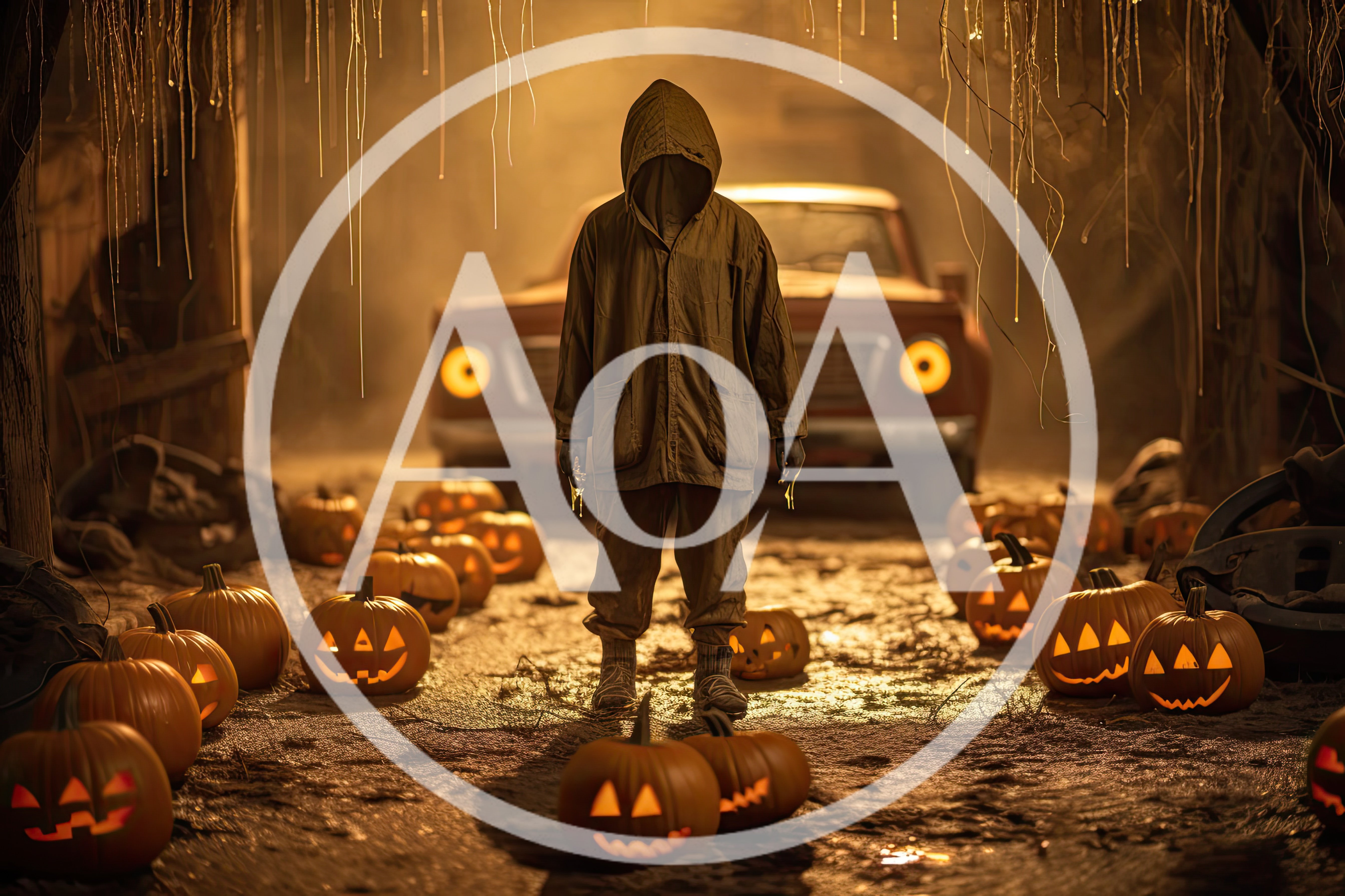 Hooded Figure Standing Among Glowing Jack O Lanterns