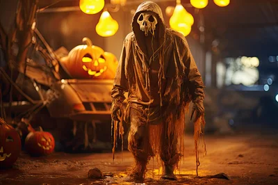 Creepy Hooded Figure Standing Among Halloween Pumpkins