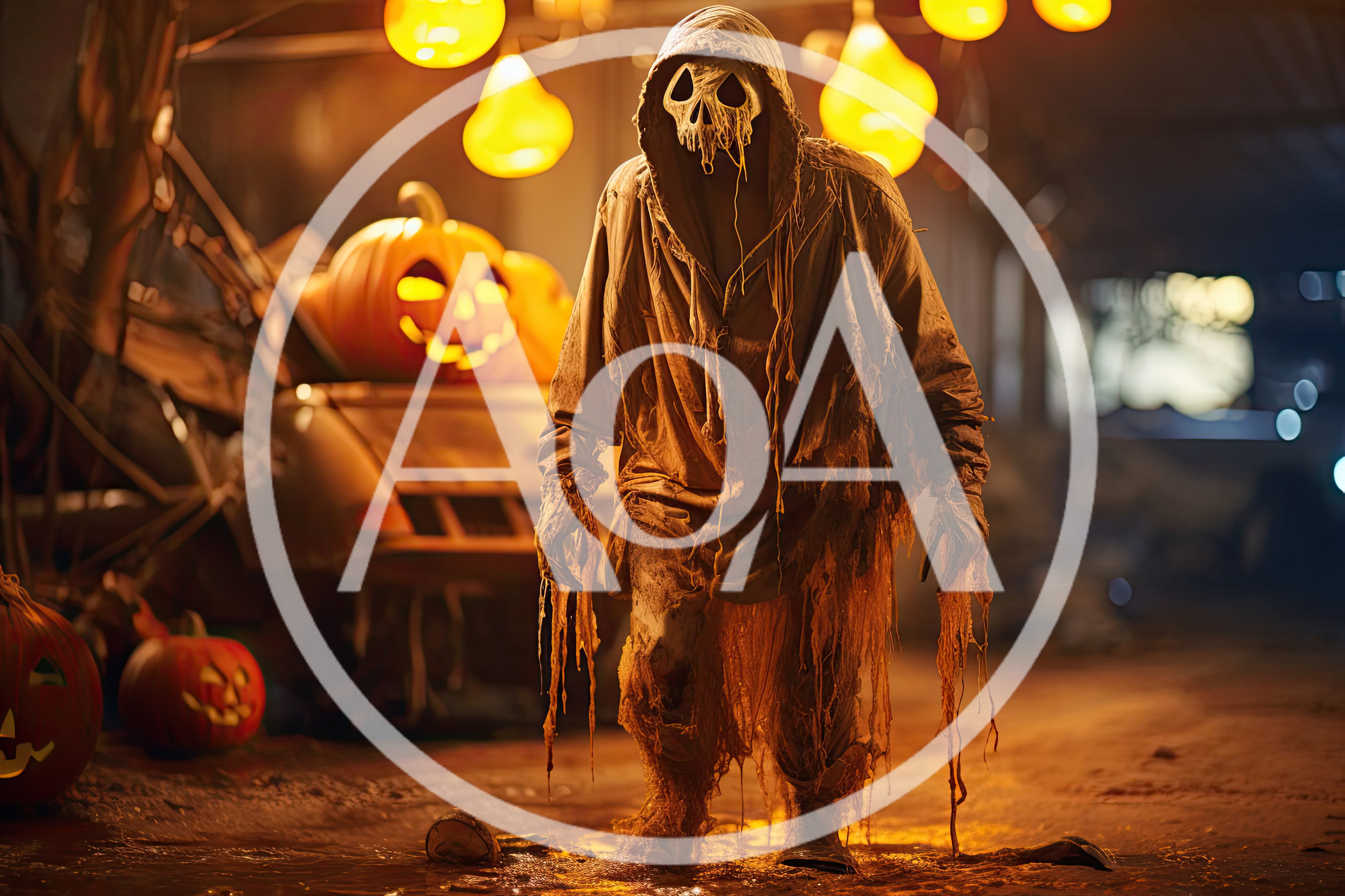 Creepy Hooded Figure Standing Among Halloween Pumpkins