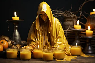Mysterious Figure In Yellow Robes With Melting Wax Candles