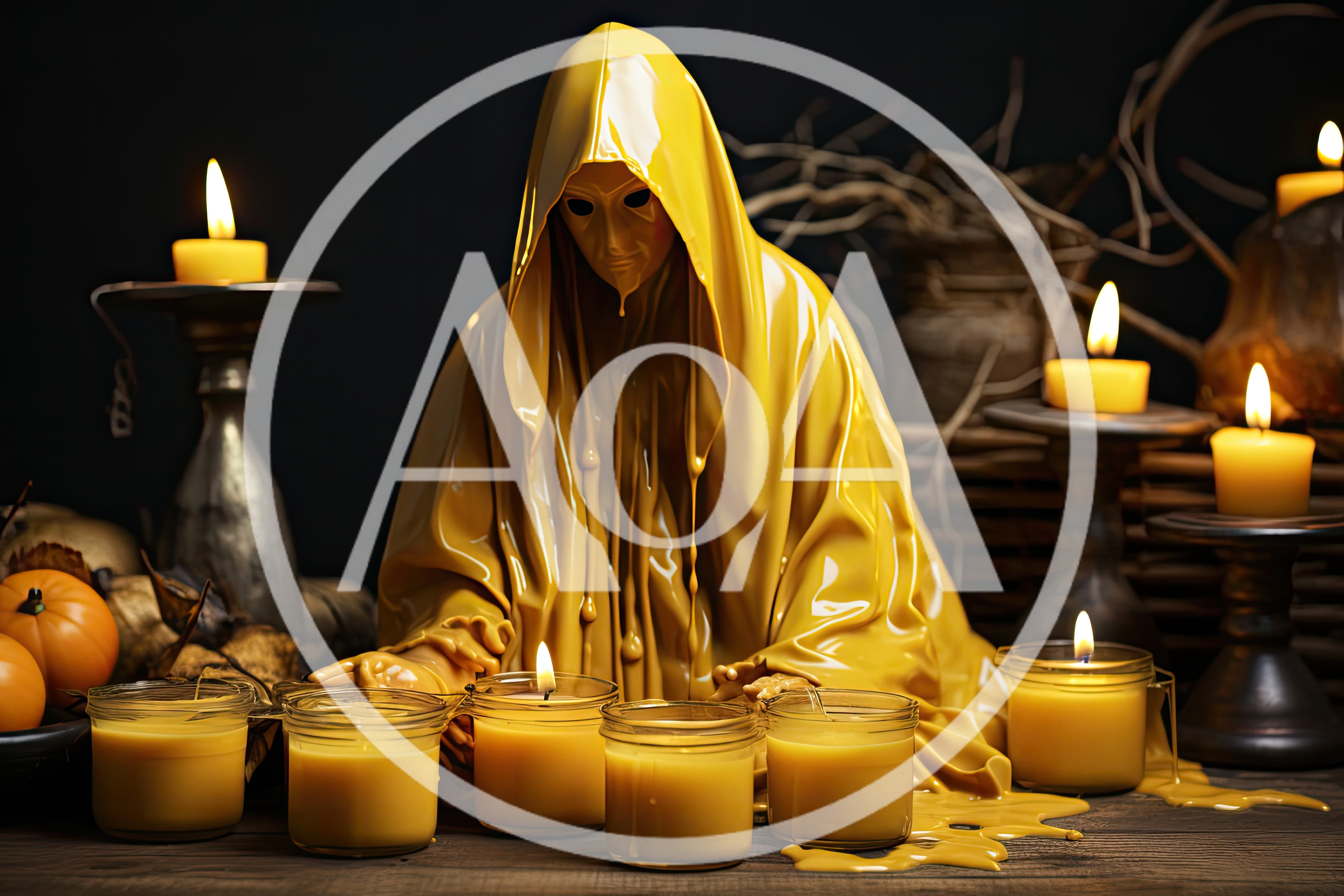 Mysterious Figure In Yellow Robes With Melting Wax Candles