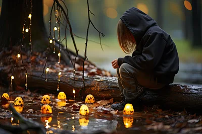Child Sitting On A Log With Glowing Halloween Lanterns