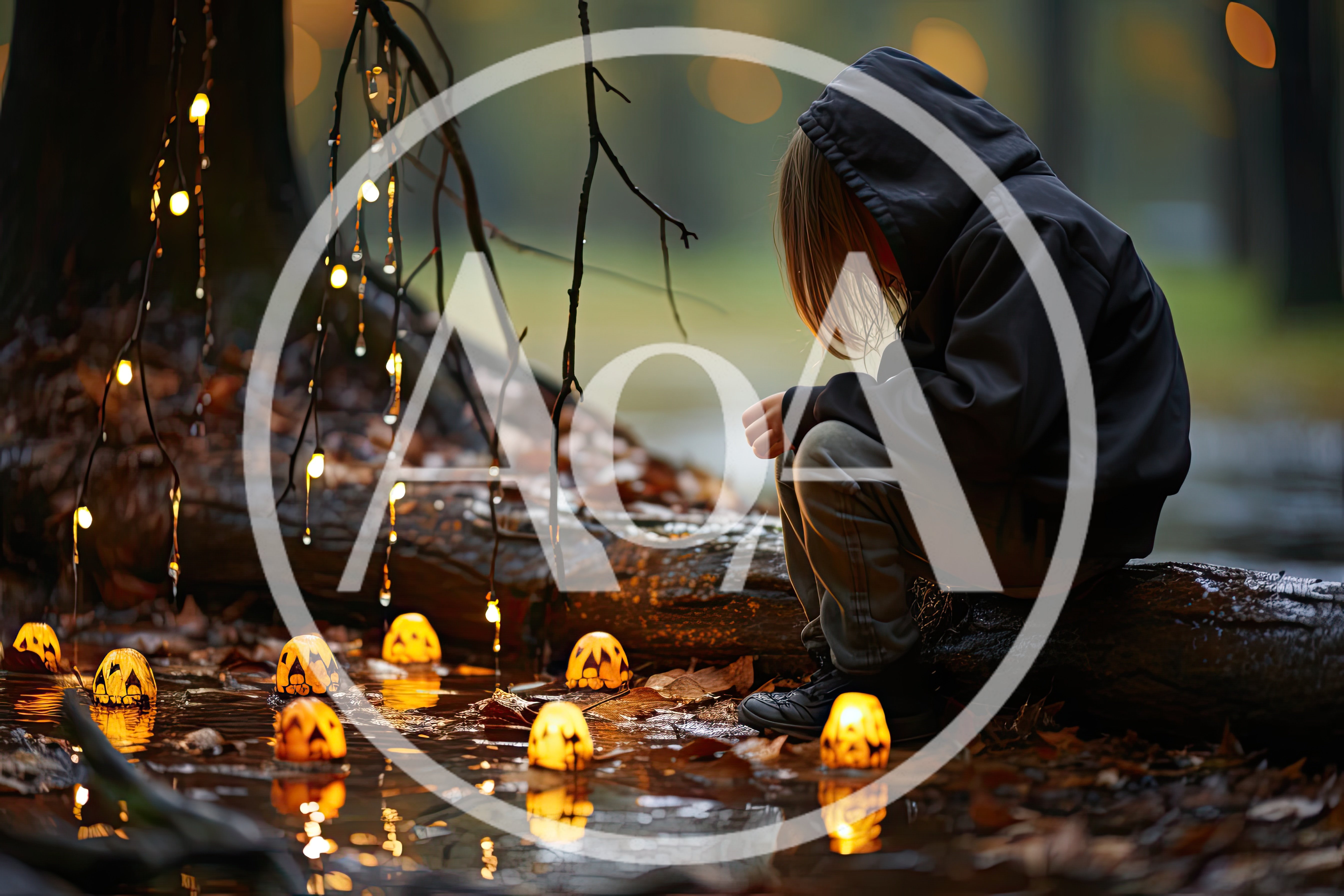 Child Sitting On A Log With Glowing Halloween Lanterns