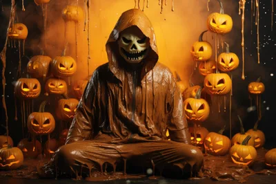Person In Skeleton Mask And Gooey Costume With Pumpkins