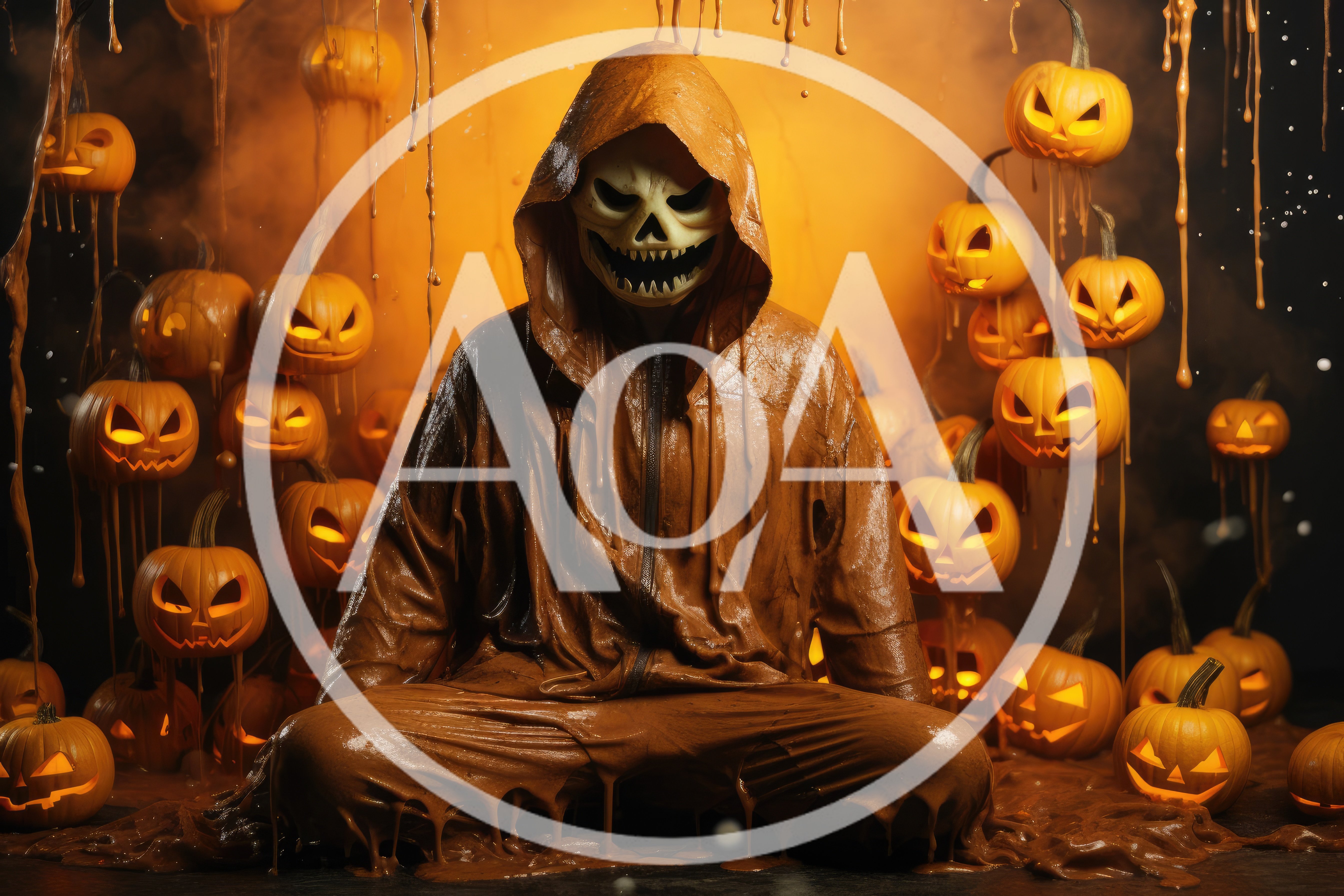Person In Skeleton Mask And Gooey Costume With Pumpkins