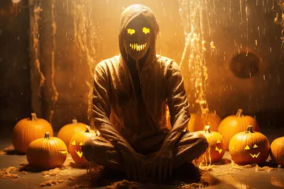 Scary Hooded Figure Sitting Among Glowing Pumpkins