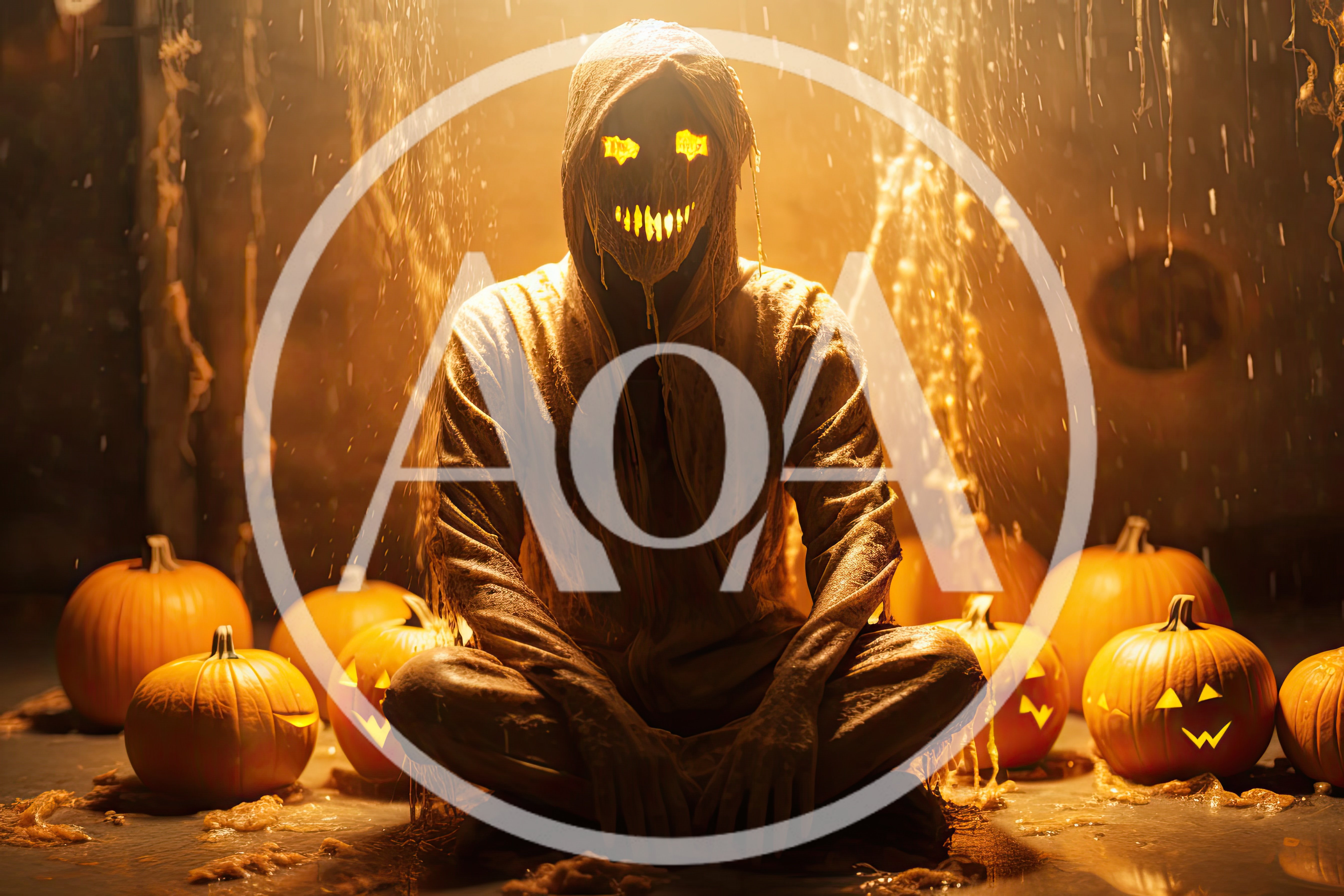 Scary Hooded Figure Sitting Among Glowing Pumpkins