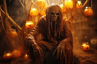 Creepy Skeleton Figure Sitting Among Glowing Halloween Lanterns