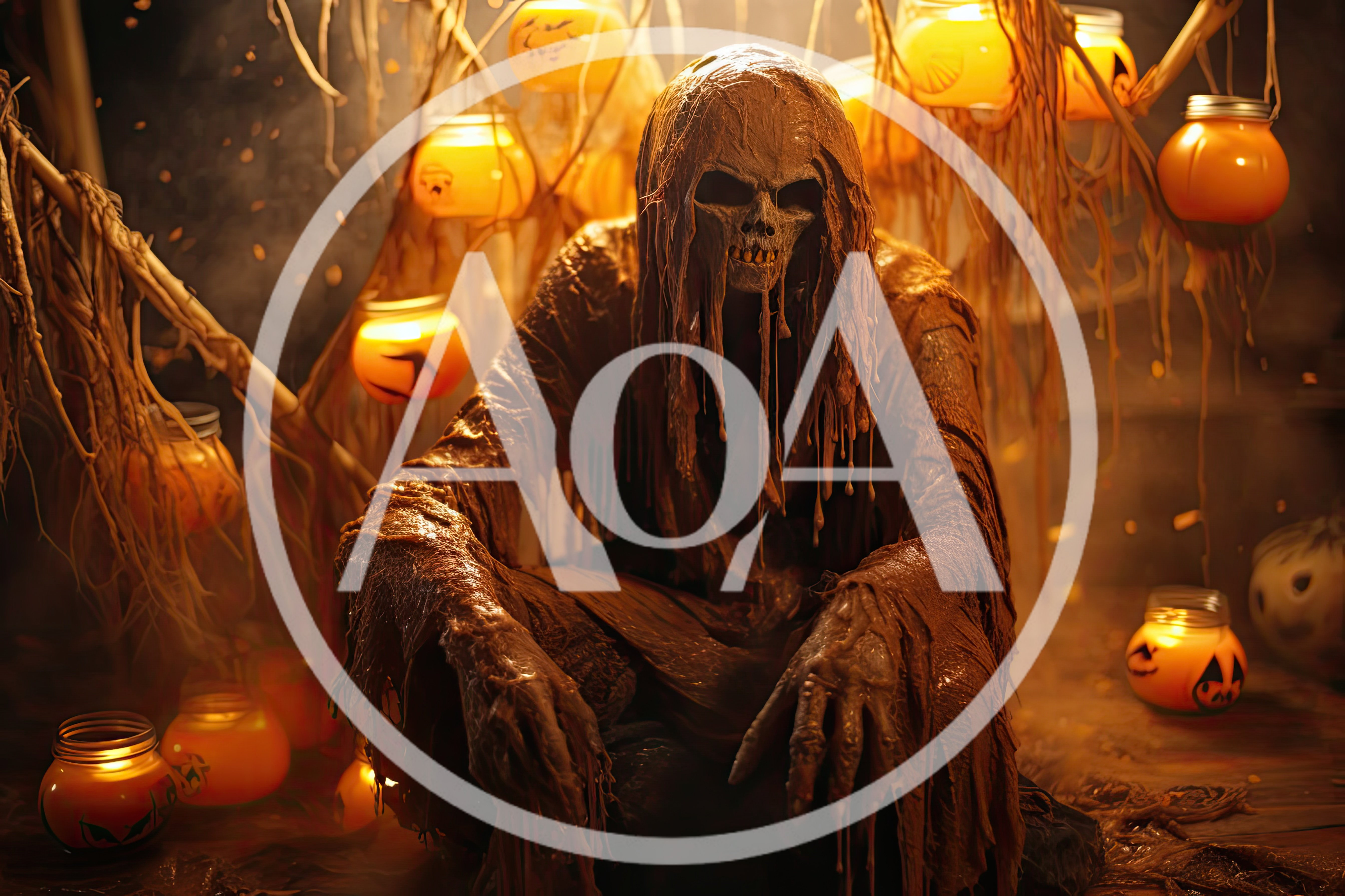 Creepy Skeleton Figure Sitting Among Glowing Halloween Lanterns