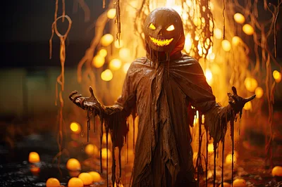 Eerie Pumpkin Headed Figure In Dark Forest