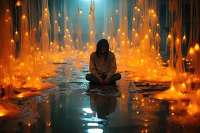 Person Sitting Alone Amidst Glowing Hanging Light Installations