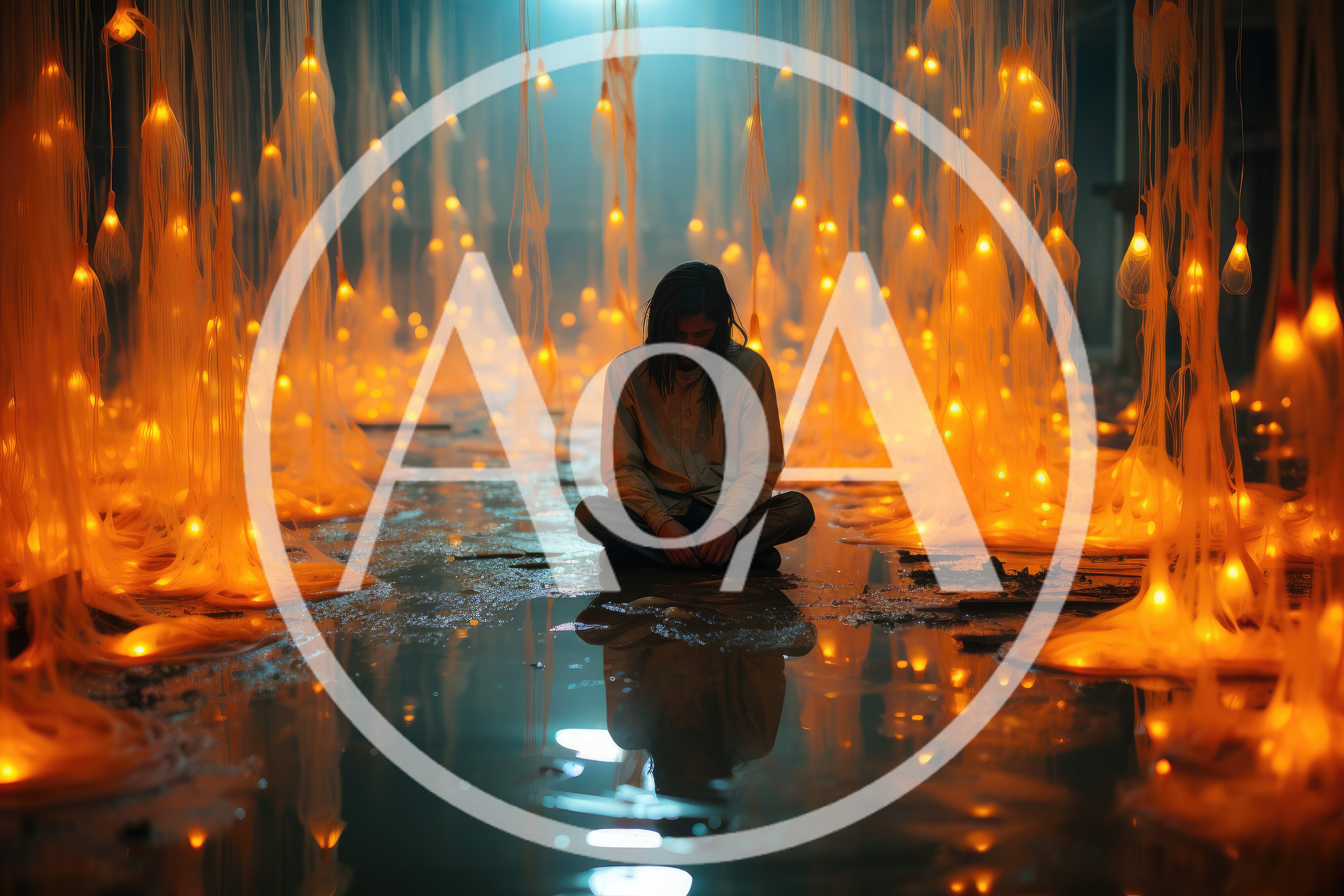 Person Sitting Alone Amidst Glowing Hanging Light Installations