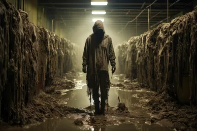 Mysterious Hooded Figure Standing In A Dark Industrial Corridor