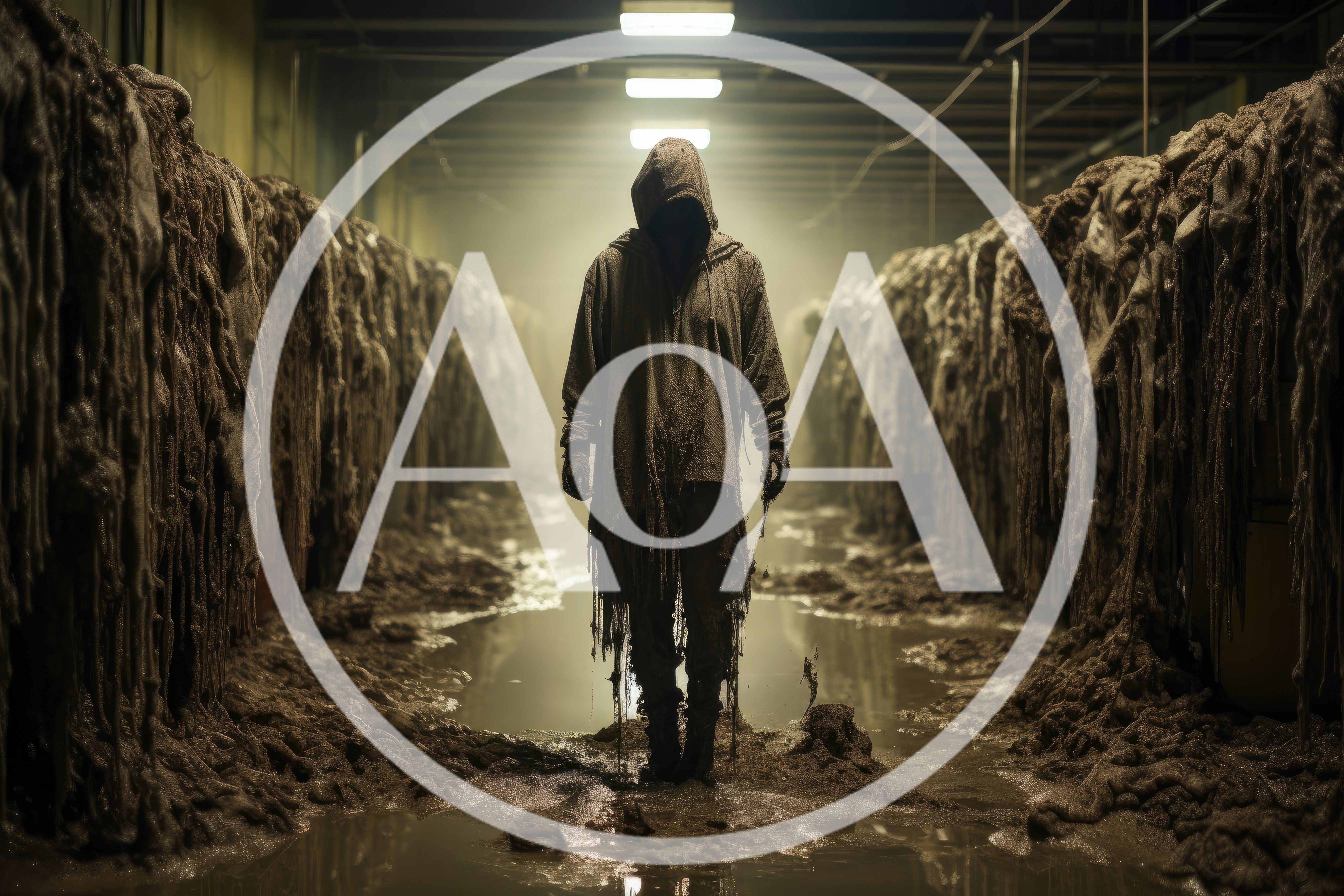 Mysterious Hooded Figure Standing In A Dark Industrial Corridor