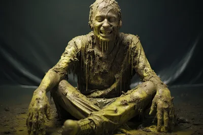 Mud Covered Man Sitting In A Dark Studio