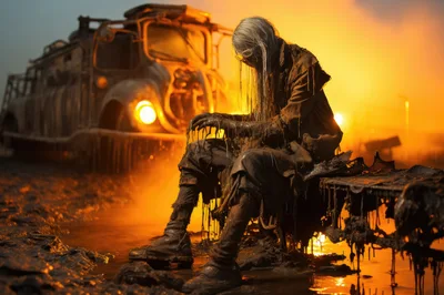 Post-Apocalyptic Survivor Sitting Near Wrecked Vehicle