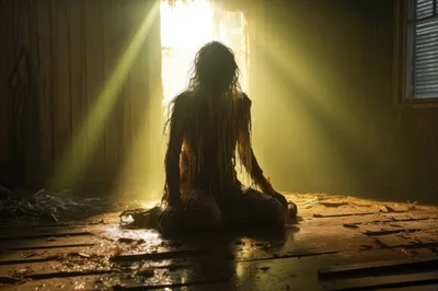 Eerie Silhouette Of A Figure Kneeling In Abandoned Room