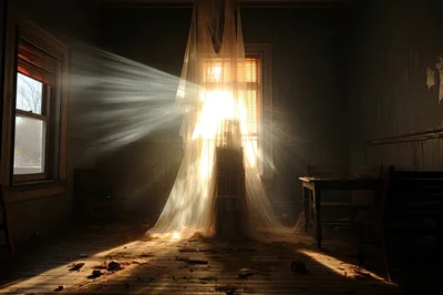Sunlight Streaming Through Curtains In Abandoned Room