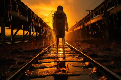 Eerie Silhouette Standing On Abandoned Railway Tracks At Sunset