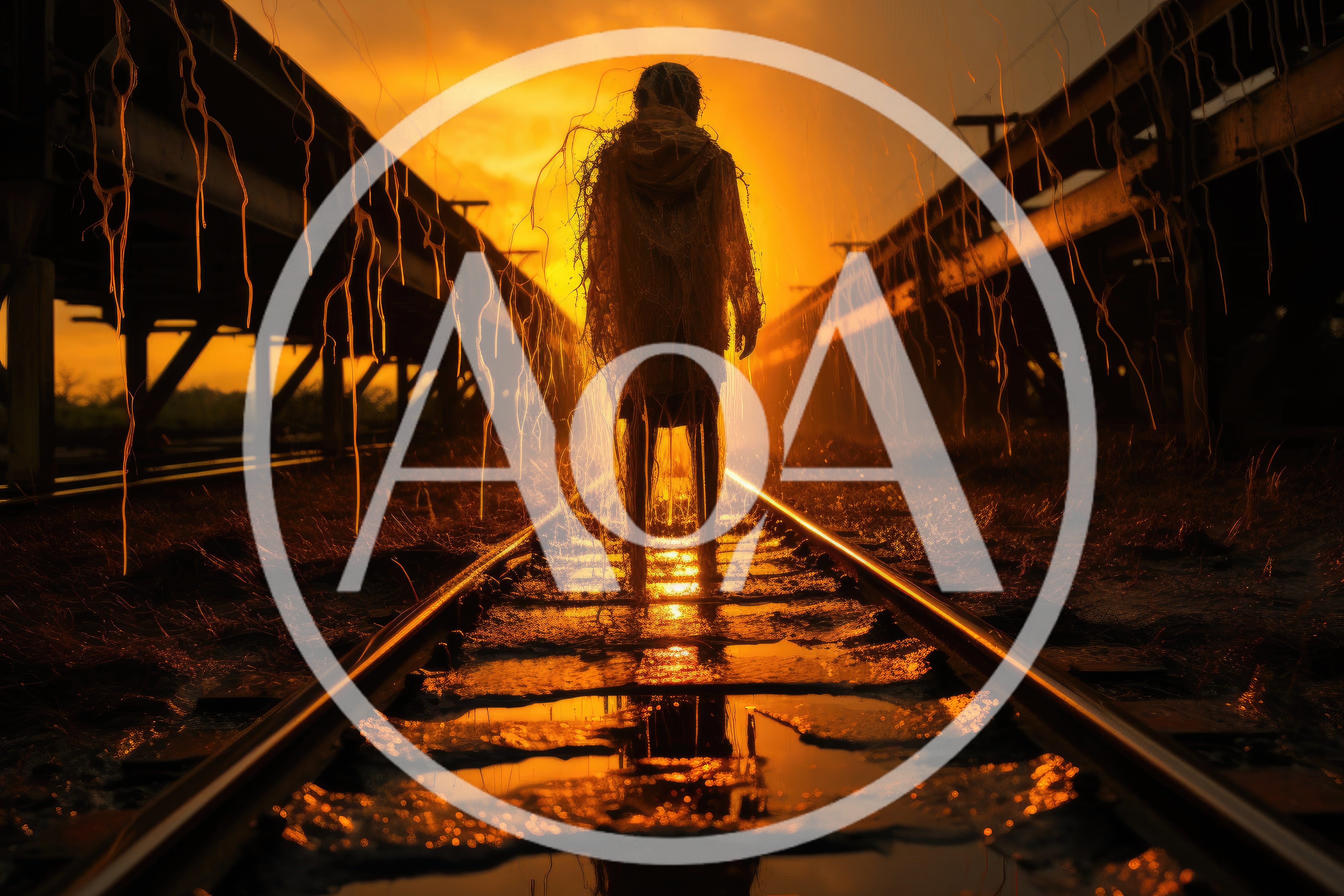 Eerie Silhouette Standing On Abandoned Railway Tracks At Sunset