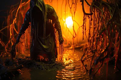 Eerie Hooded Figure Emerging From Dark Swamp Waters