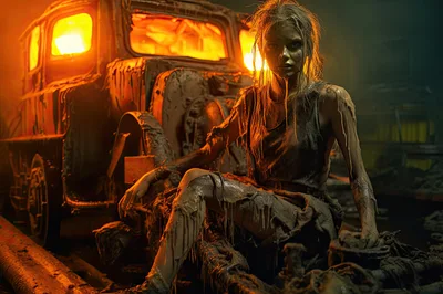 Post-Apocalyptic Woman Sitting Near Burning Wreckage