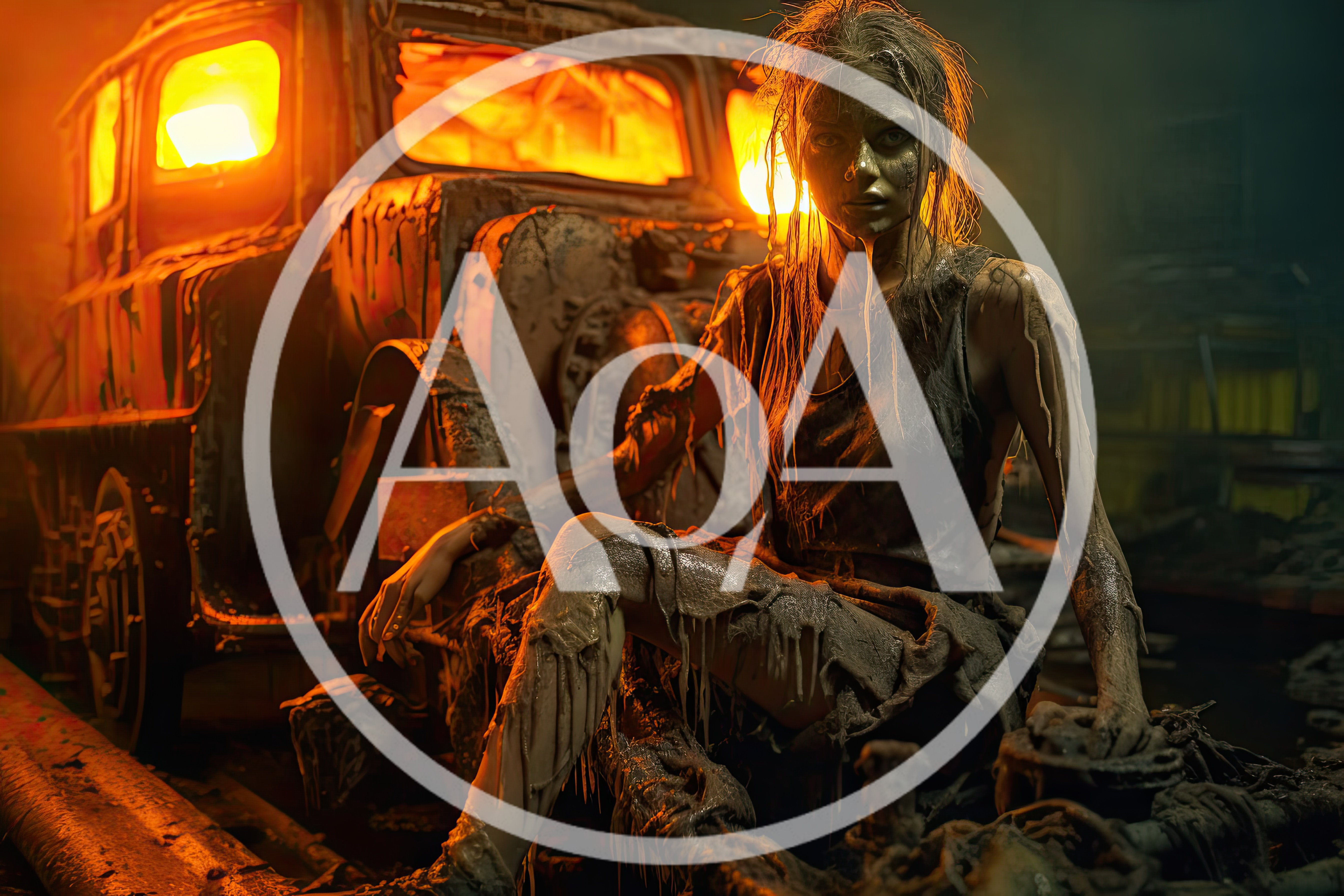 Post-Apocalyptic Woman Sitting Near Burning Wreckage