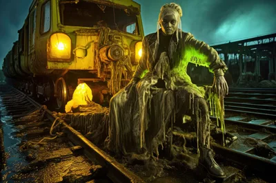 Post-Apocalyptic Character Sitting On Abandoned Train Tracks