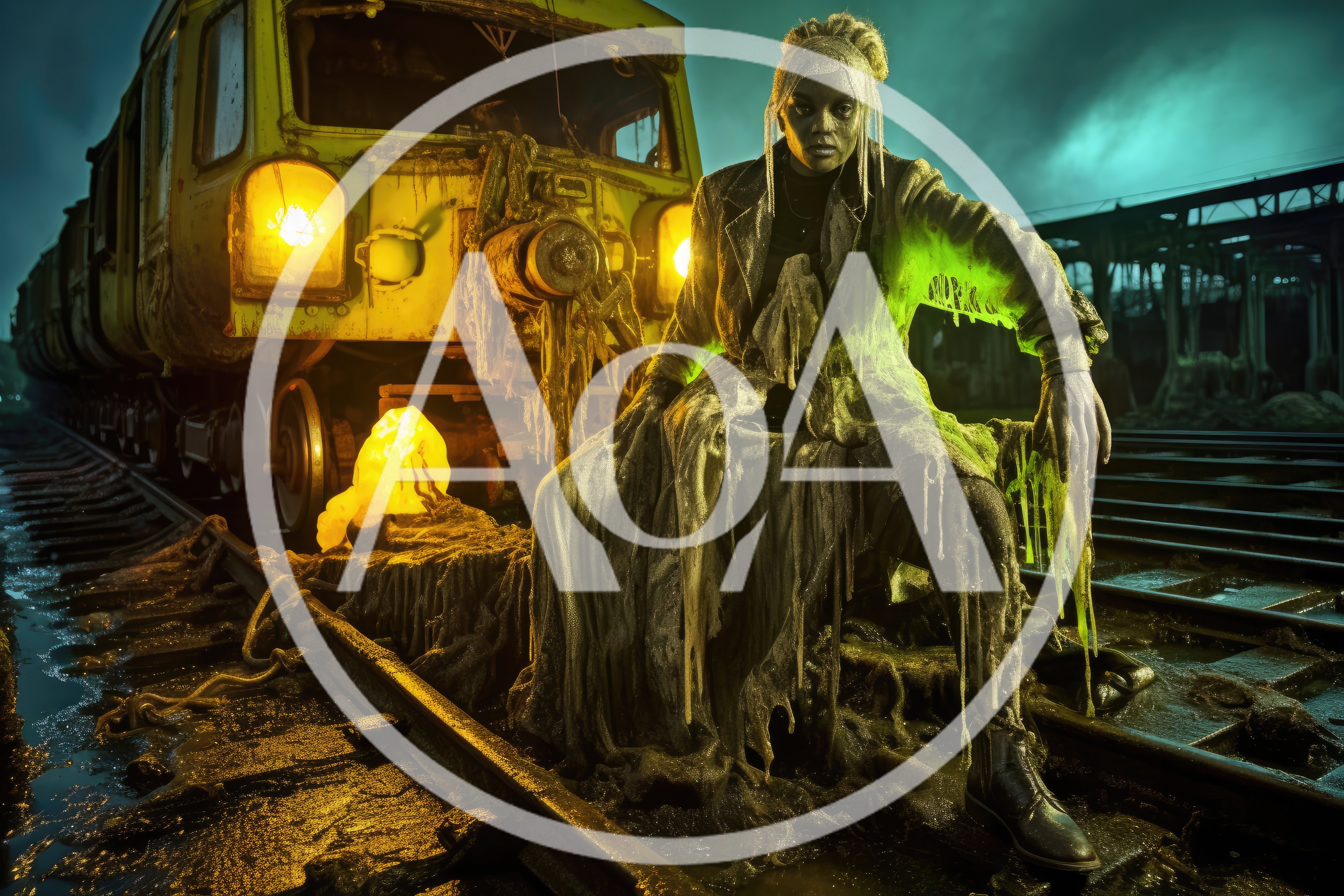 Post-Apocalyptic Character Sitting On Abandoned Train Tracks