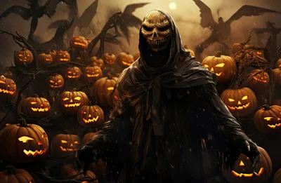 Grim Reaper Figure Surrounded By Glowing Jack O Lanterns