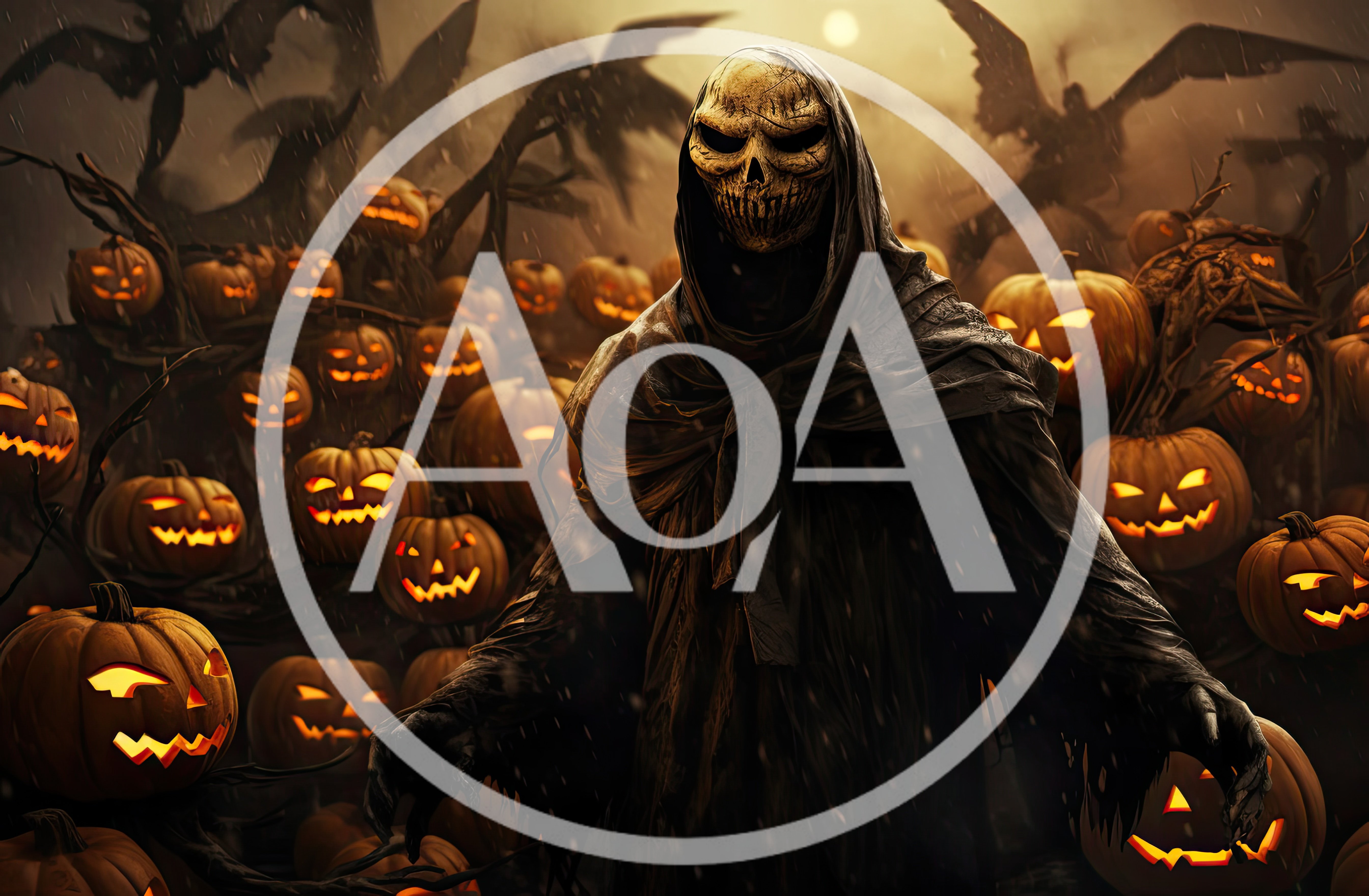 Grim Reaper Figure Surrounded By Glowing Jack O Lanterns