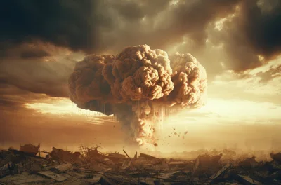 Massive Nuclear Explosion Over Devastated Post-Apocalyptic Landscape