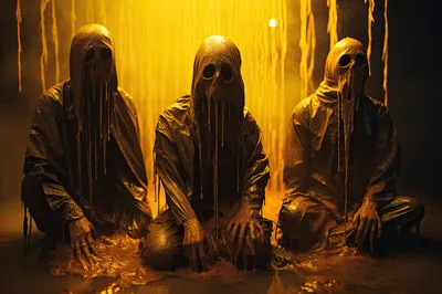 Three Eerie Hooded Figures In Golden Slime
