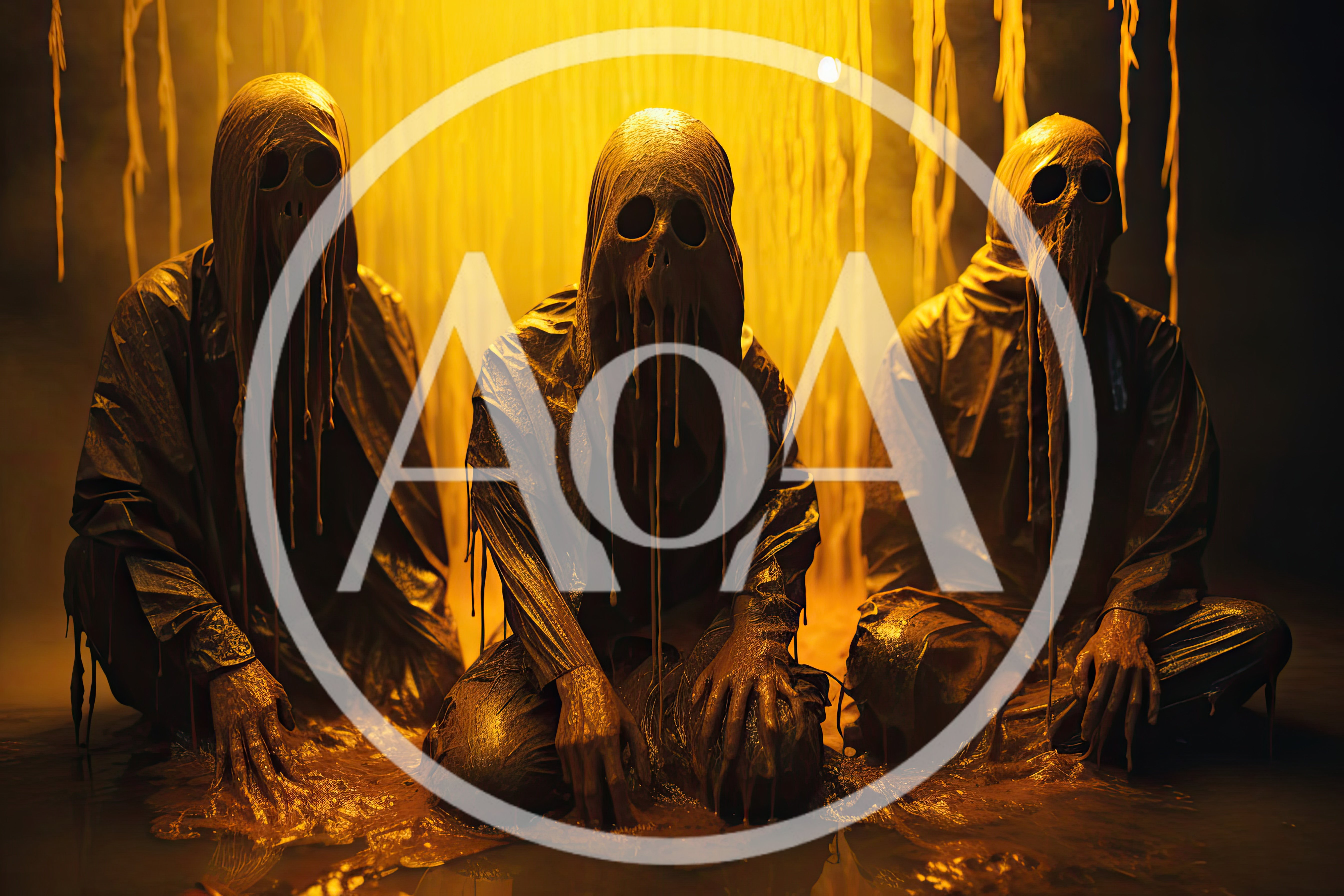 Three Eerie Hooded Figures In Golden Slime