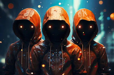 Three Mysterious Hooded Figures With Glowing Eyes