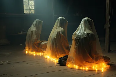 Three Figures Draped In Sheer Fabric With Fairy Lights