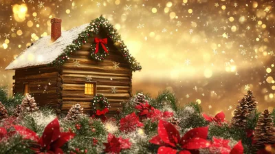 Festive Log Cabin Decorated For Christmas Holidays