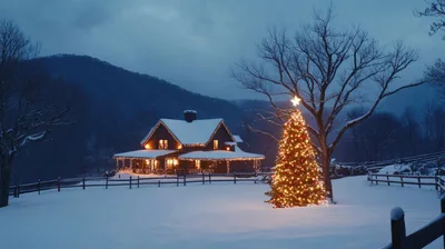 Cozy Log Cabin With Christmas Tree In Snowy Landscape