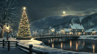 Illuminated Christmas Tree In Snowy Winter Village