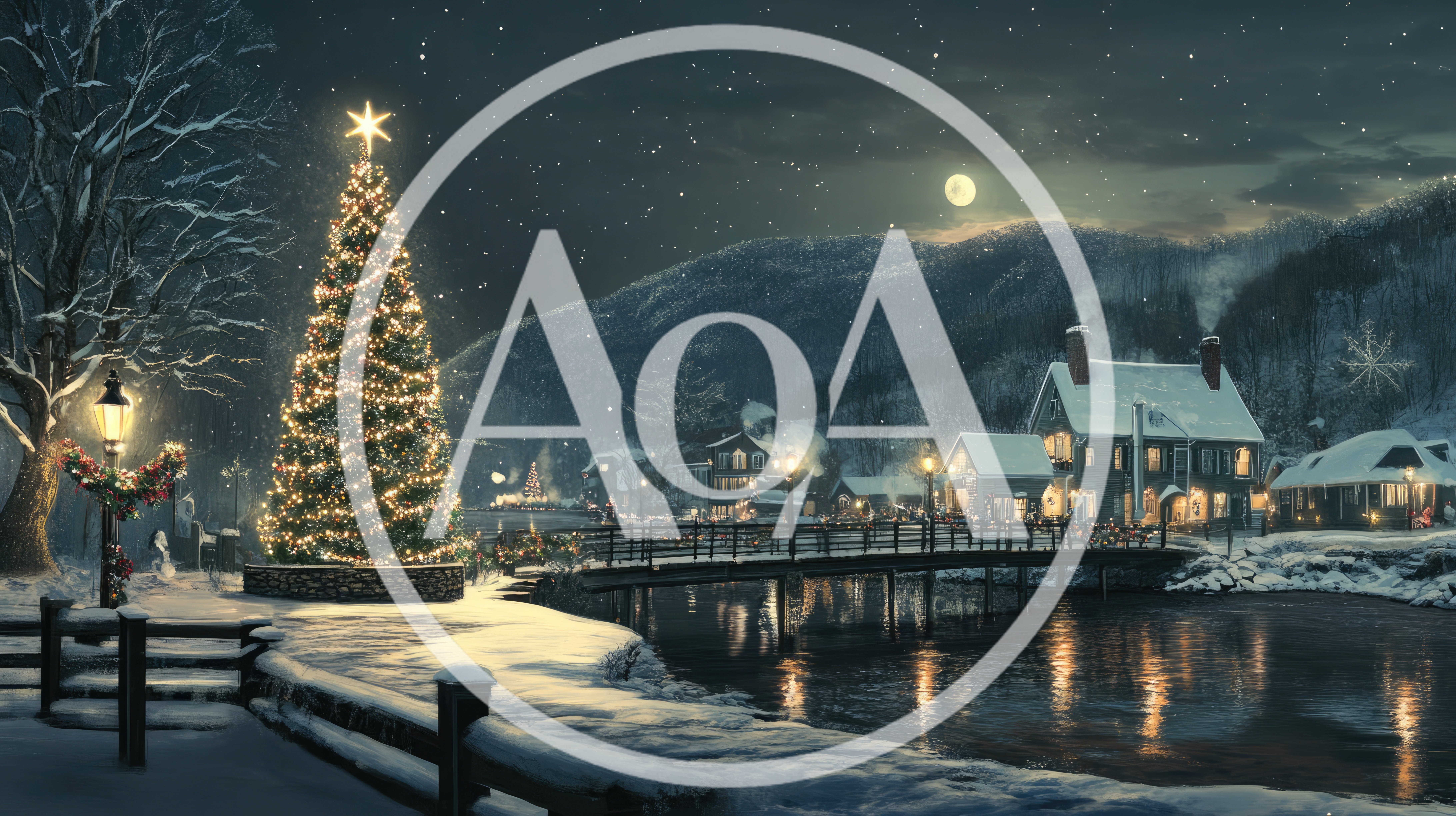 Illuminated Christmas Tree In Snowy Winter Village