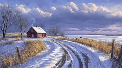 Red Cabin On A Snowy Winter Landscape