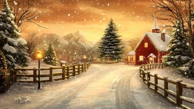 Snowy Winter Landscape With Red Cottage And Pine Trees